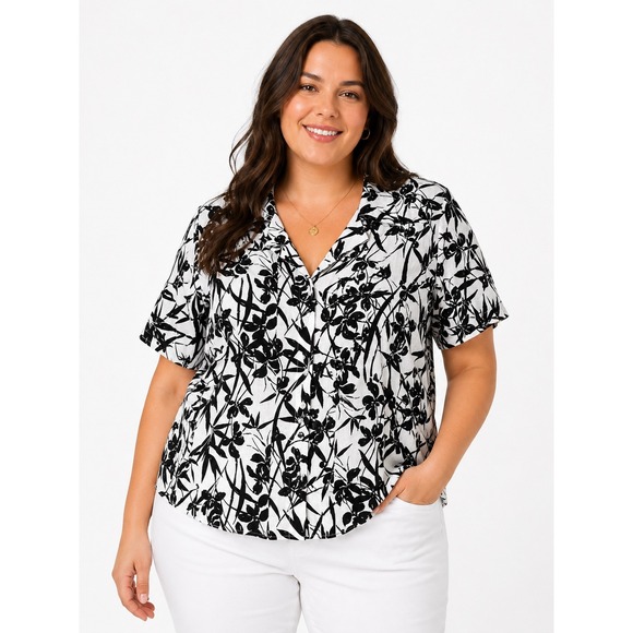 Westbound Tops - Westbound Womens 16 Linen Button Up Shirt Black White Floral Bamboo Camp Blouse